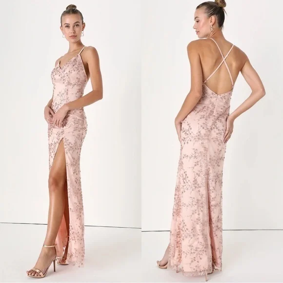 blissful blossoms blush pink sequin backless maxi dress Anderson Maxi Dress, in Secret Garden, Size: Small | Show Me Your Mumu